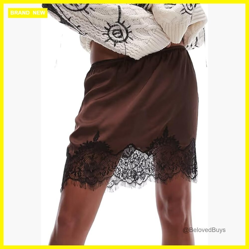 Lace Trim Silk Mini Skirt High Waist A Line Half Slip Underskirt